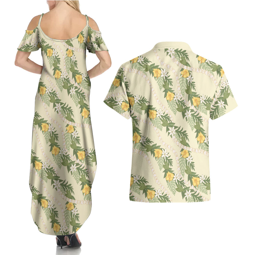 Hawaiian Pikake Maile Lei Couples Matching Summer Maxi Dress and Hawaiian Shirt Tiare Hibiscus Kalo Palapalai Leaf Beige LT19 - Polynesian Pride
