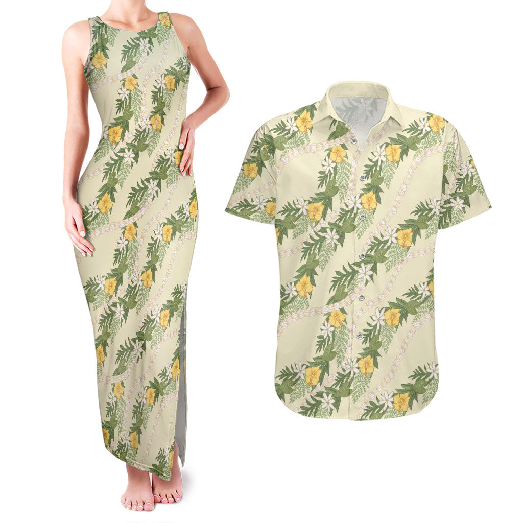 Hawaiian Pikake Maile Lei Couples Matching Tank Maxi Dress and Hawaiian Shirt Tiare Hibiscus Kalo Palapalai Leaf Beige LT19 Beige - Polynesian Pride