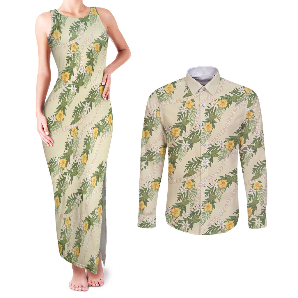 Hawaiian Pikake Maile Lei Couples Matching Tank Maxi Dress and Long Sleeve Button Shirt Tiare Hibiscus Kalo Palapalai Leaf Beige LT19 Beige - Polynesian Pride