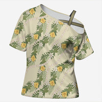 Hawaiian Pikake Maile Lei Cross Shoulder Shirt Tiare Hibiscus Kalo Palapalai Leaf Beige