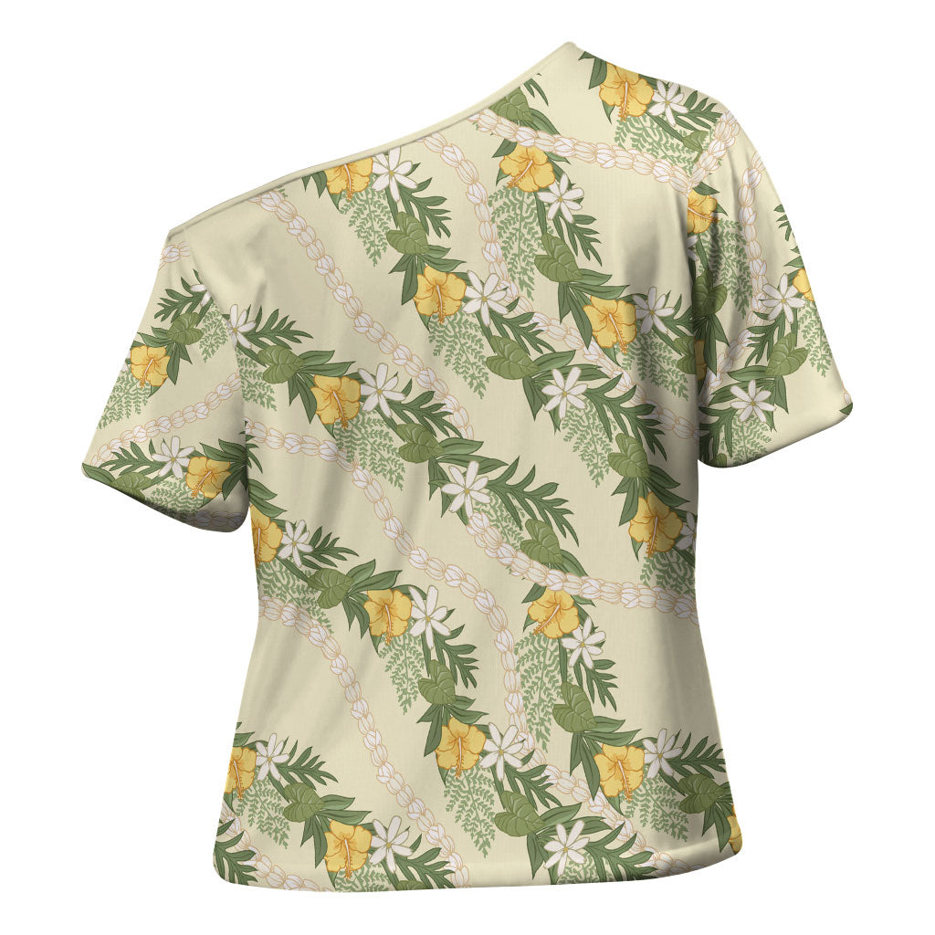 Hawaiian Pikake Maile Lei Cross Shoulder Shirt Tiare Hibiscus Kalo Palapalai Leaf Beige