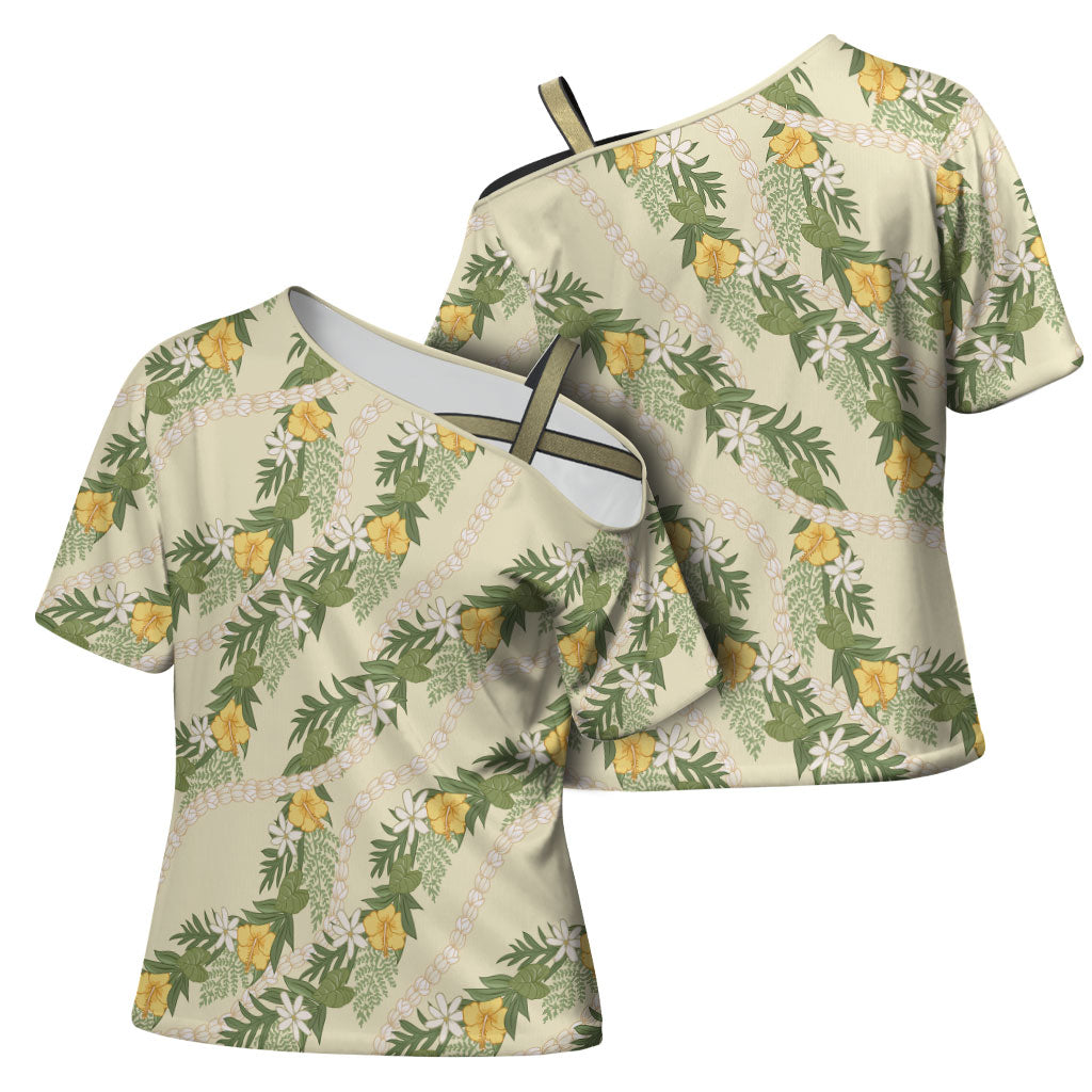 Hawaiian Pikake Maile Lei Cross Shoulder Shirt Tiare Hibiscus Kalo Palapalai Leaf Beige