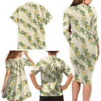 Hawaiian Pikake Maile Lei Family Matching Long Sleeve Bodycon Dress and Hawaiian Shirt Tiare Hibiscus Kalo Palapalai Leaf Beige LT19 - Polynesian Pride
