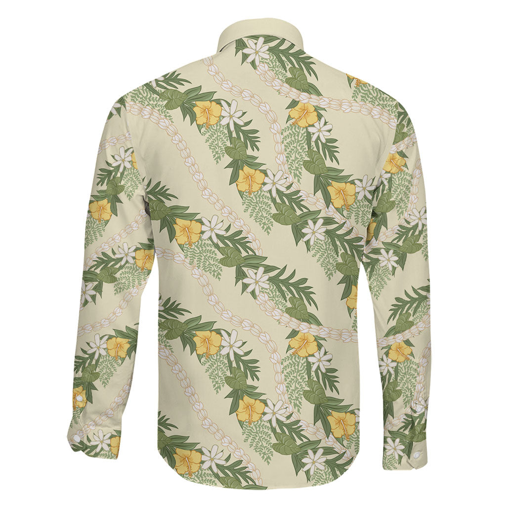 Hawaiian Pikake Maile Lei Family Matching Long Sleeve Bodycon Dress and Hawaiian Shirt Tiare Hibiscus Kalo Palapalai Leaf Beige LT19 - Polynesian Pride