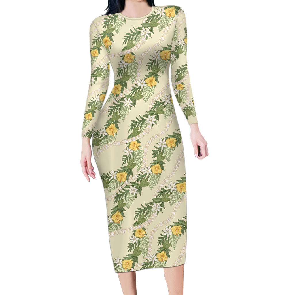 Hawaiian Pikake Maile Lei Family Matching Long Sleeve Bodycon Dress and Hawaiian Shirt Tiare Hibiscus Kalo Palapalai Leaf Beige LT19 Mom's Dress Beige - Polynesian Pride