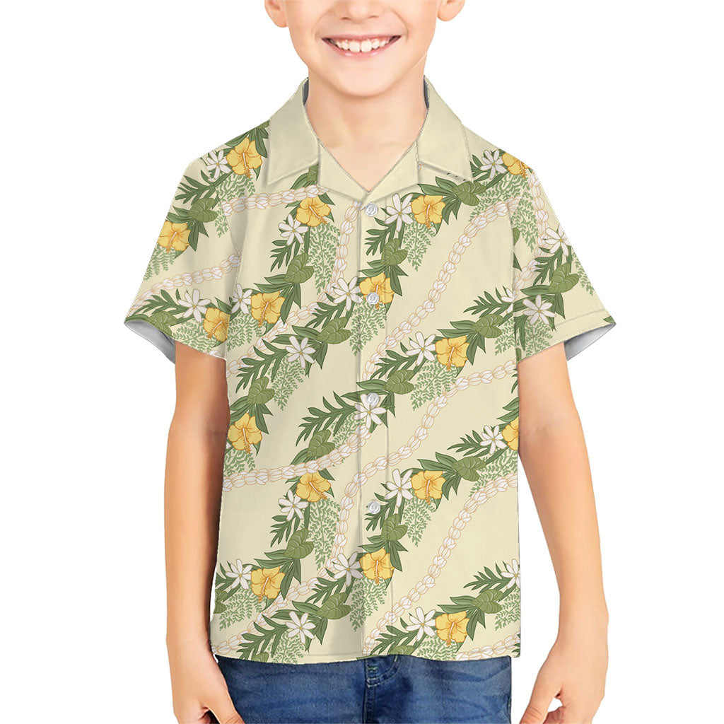 Hawaiian Pikake Maile Lei Family Matching Long Sleeve Bodycon Dress and Hawaiian Shirt Tiare Hibiscus Kalo Palapalai Leaf Beige LT19 Son's Shirt Beige - Polynesian Pride