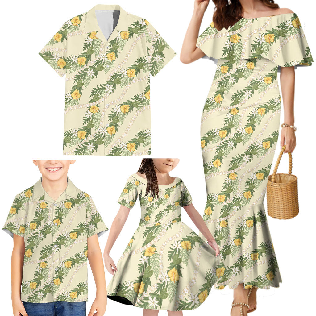 Hawaiian Pikake Maile Lei Family Matching Mermaid Dress and Hawaiian Shirt Tiare Hibiscus Kalo Palapalai Leaf Beige LT19 - Polynesian Pride