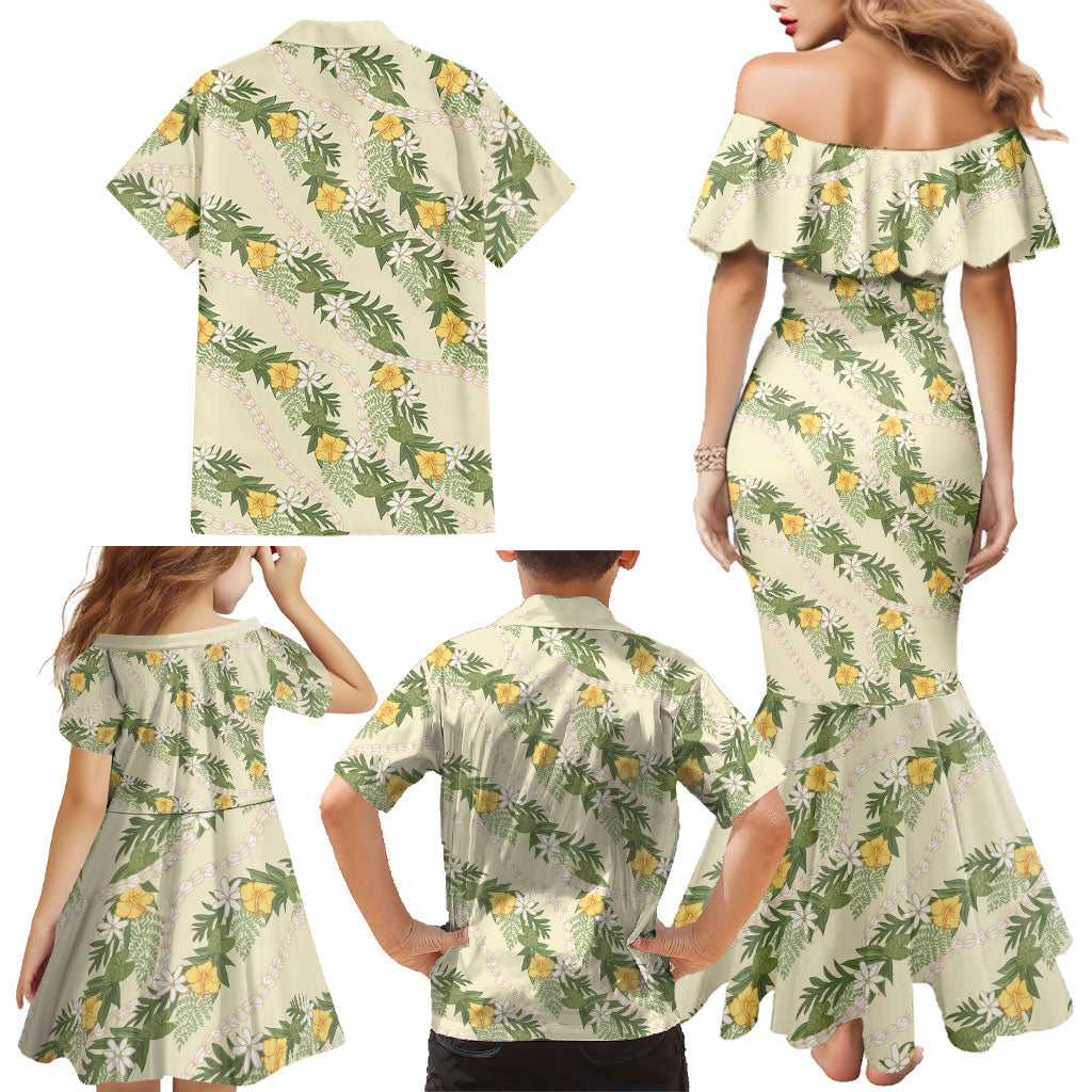 Hawaiian Pikake Maile Lei Family Matching Mermaid Dress and Hawaiian Shirt Tiare Hibiscus Kalo Palapalai Leaf Beige LT19 - Polynesian Pride