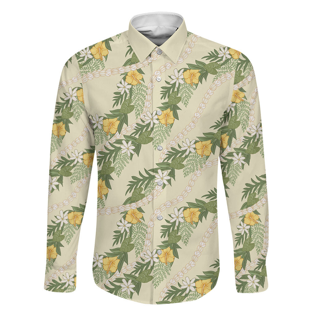 Hawaiian Pikake Maile Lei Family Matching Mermaid Dress and Hawaiian Shirt Tiare Hibiscus Kalo Palapalai Leaf Beige LT19 Dad's Shirt - Long Sleeve Beige - Polynesian Pride