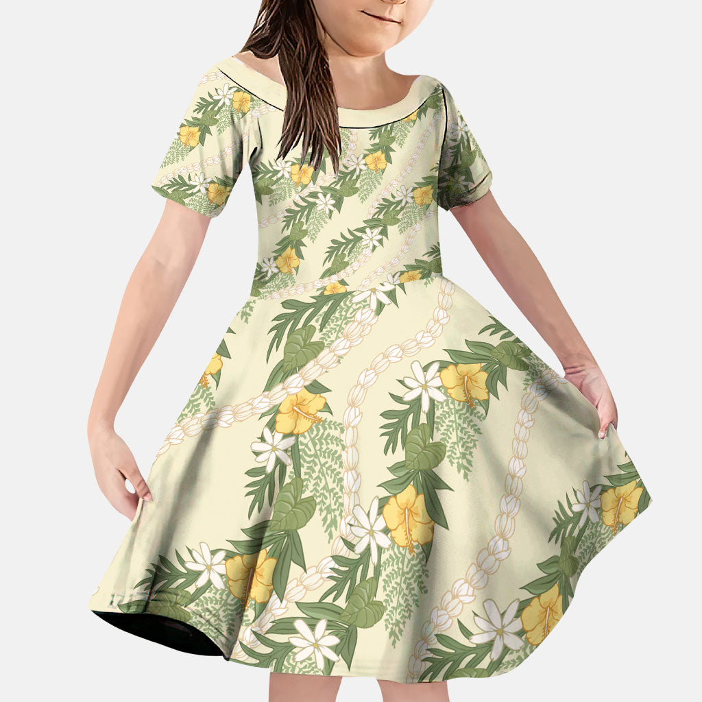 Hawaiian Pikake Maile Lei Family Matching Off Shoulder Maxi Dress and Hawaiian Shirt Tiare Hibiscus Kalo Palapalai Leaf Beige LT19 Daughter's Dress Beige - Polynesian Pride