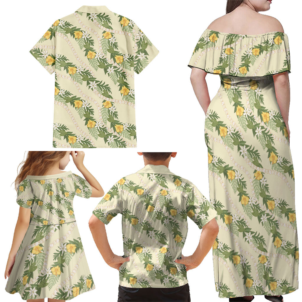 Hawaiian Pikake Maile Lei Family Matching Off Shoulder Maxi Dress and Hawaiian Shirt Tiare Hibiscus Kalo Palapalai Leaf Beige LT19 - Polynesian Pride