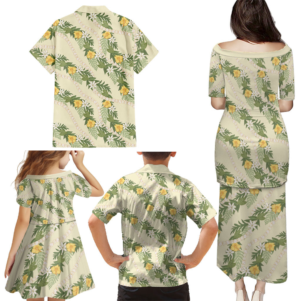 Hawaiian Pikake Maile Lei Family Matching Puletasi and Hawaiian Shirt Tiare Hibiscus Kalo Palapalai Leaf Beige LT19 - Polynesian Pride