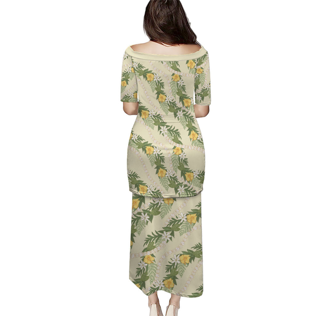 Hawaiian Pikake Maile Lei Family Matching Puletasi and Hawaiian Shirt Tiare Hibiscus Kalo Palapalai Leaf Beige LT19 - Polynesian Pride