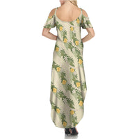 Hawaiian Pikake Maile Lei Family Matching Summer Maxi Dress and Hawaiian Shirt Tiare Hibiscus Kalo Palapalai Leaf Beige LT19 - Polynesian Pride