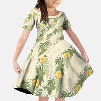 Hawaiian Pikake Maile Lei Family Matching Tank Maxi Dress and Hawaiian Shirt Tiare Hibiscus Kalo Palapalai Leaf Beige LT19 Daughter's Dress Beige - Polynesian Pride