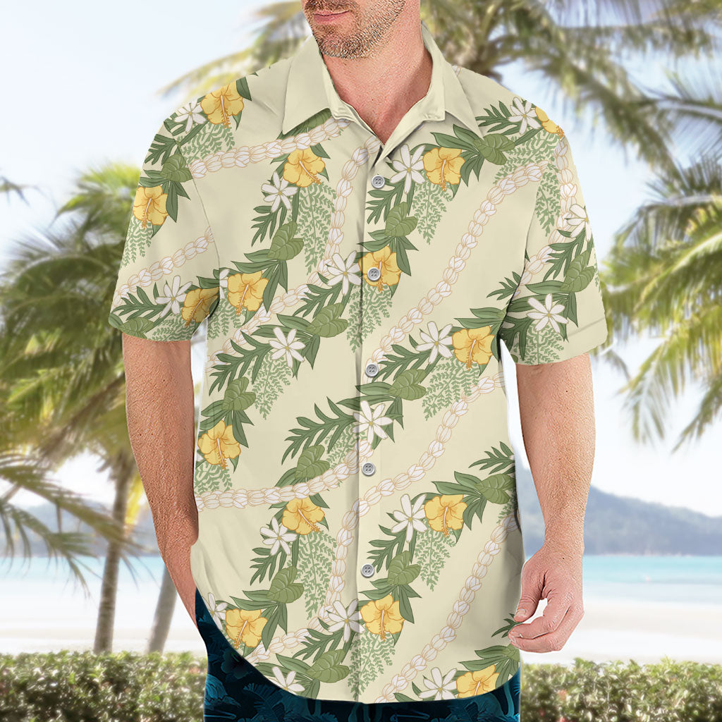 Hawaiian Pikake Maile Lei Hawaiian Shirt Tiare Hibiscus Kalo Palapalai Leaf Beige