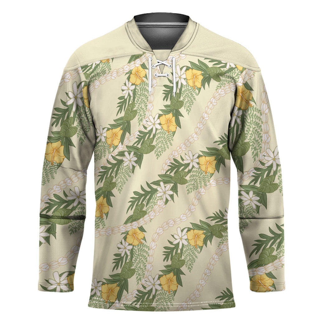 Hawaiian Pikake Maile Lei Hockey Jersey Tiare Hibiscus Kalo Palapalai Leaf Beige