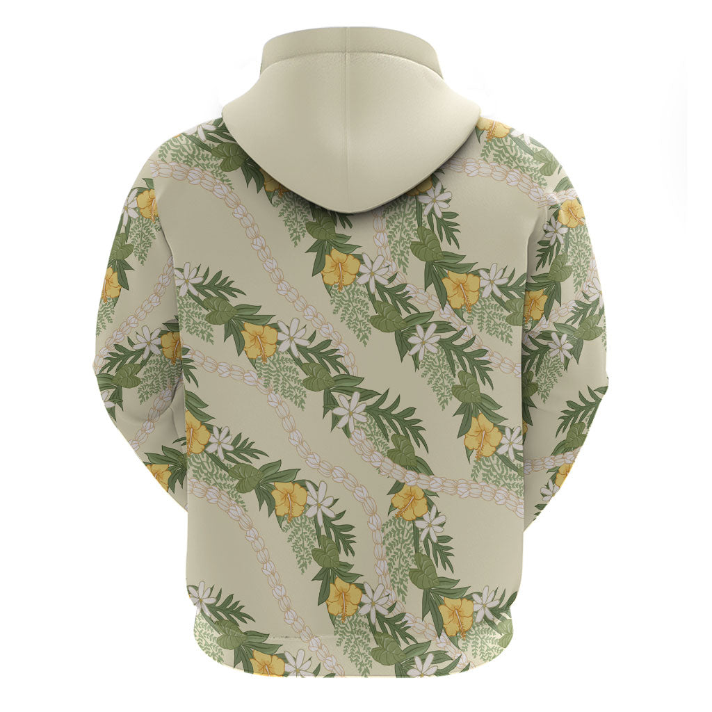 Hawaiian Pikake Maile Lei Hoodie Tiare Hibiscus Kalo Palapalai Leaf Beige