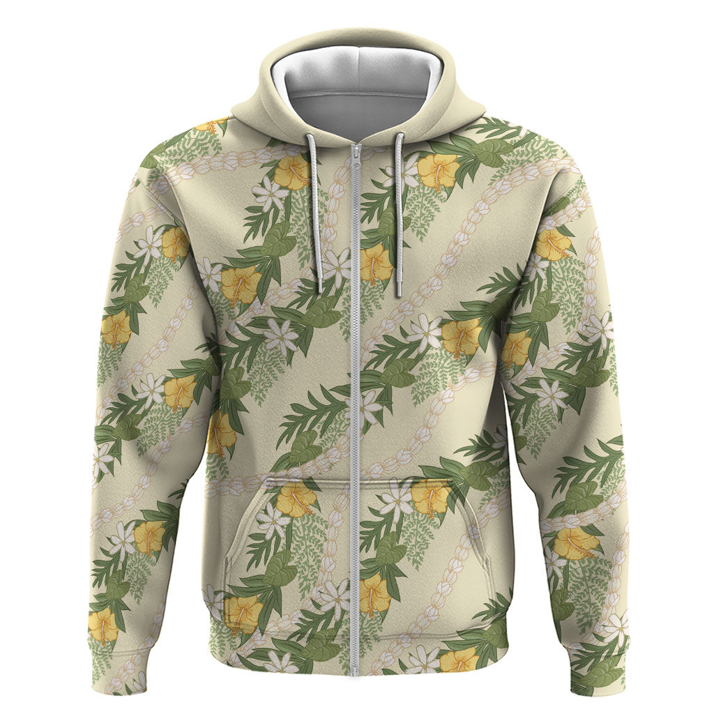 Hawaiian Pikake Maile Lei Hoodie Tiare Hibiscus Kalo Palapalai Leaf Beige
