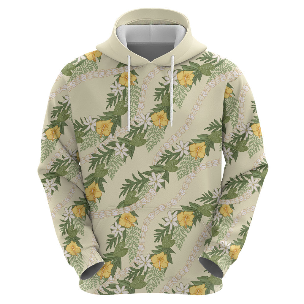 Hawaiian Pikake Maile Lei Hoodie Tiare Hibiscus Kalo Palapalai Leaf Beige