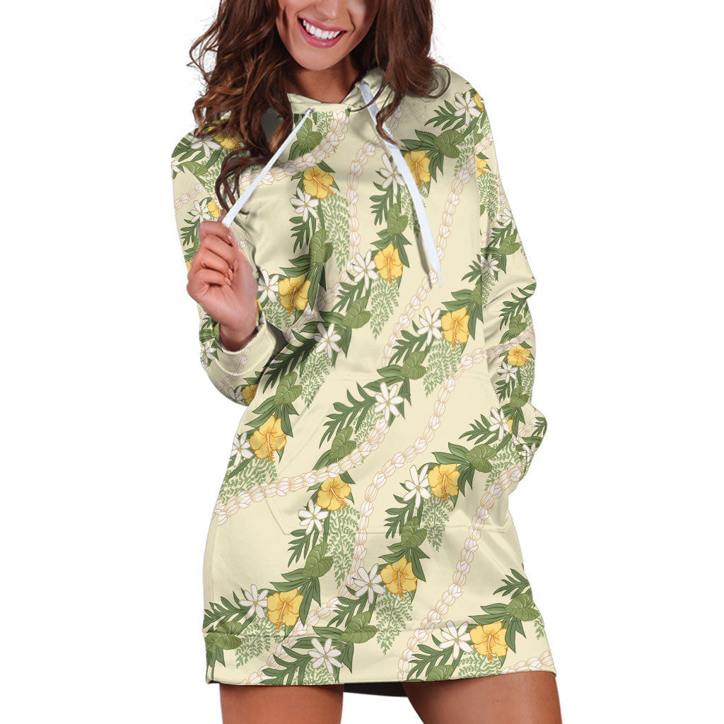 Hawaiian Pikake Maile Lei Hoodie Dress Tiare Hibiscus Kalo Palapalai Leaf Beige