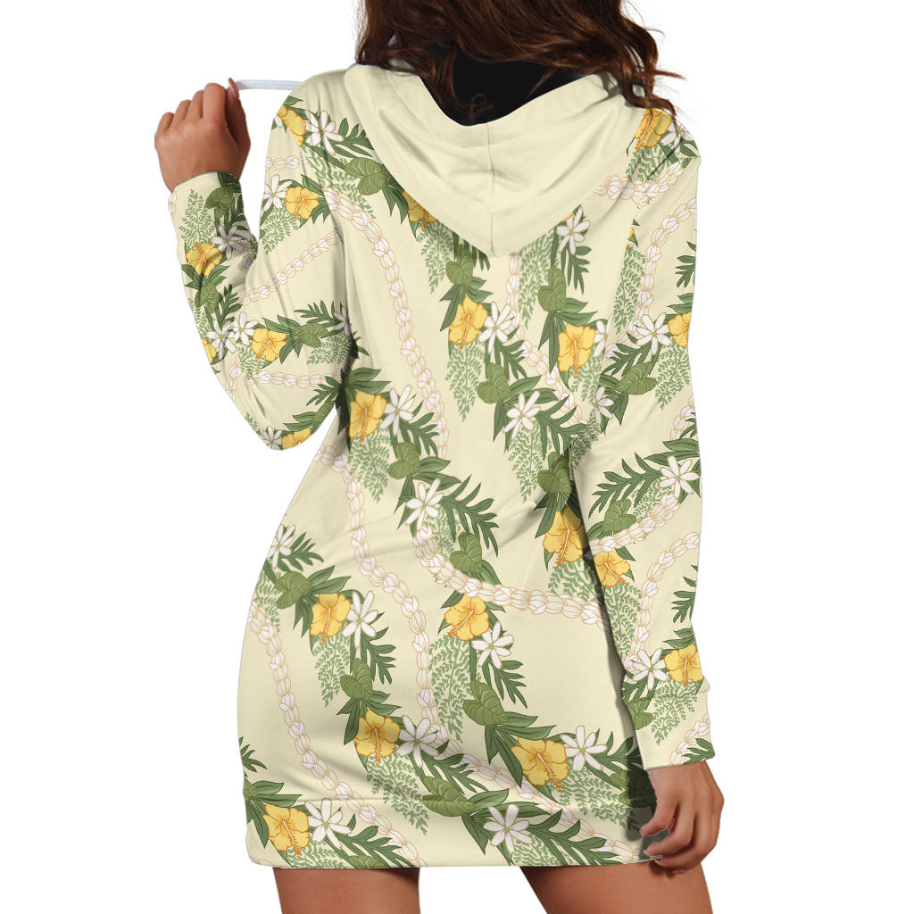 Hawaiian Pikake Maile Lei Hoodie Dress Tiare Hibiscus Kalo Palapalai Leaf Beige LT19 - Polynesian Pride
