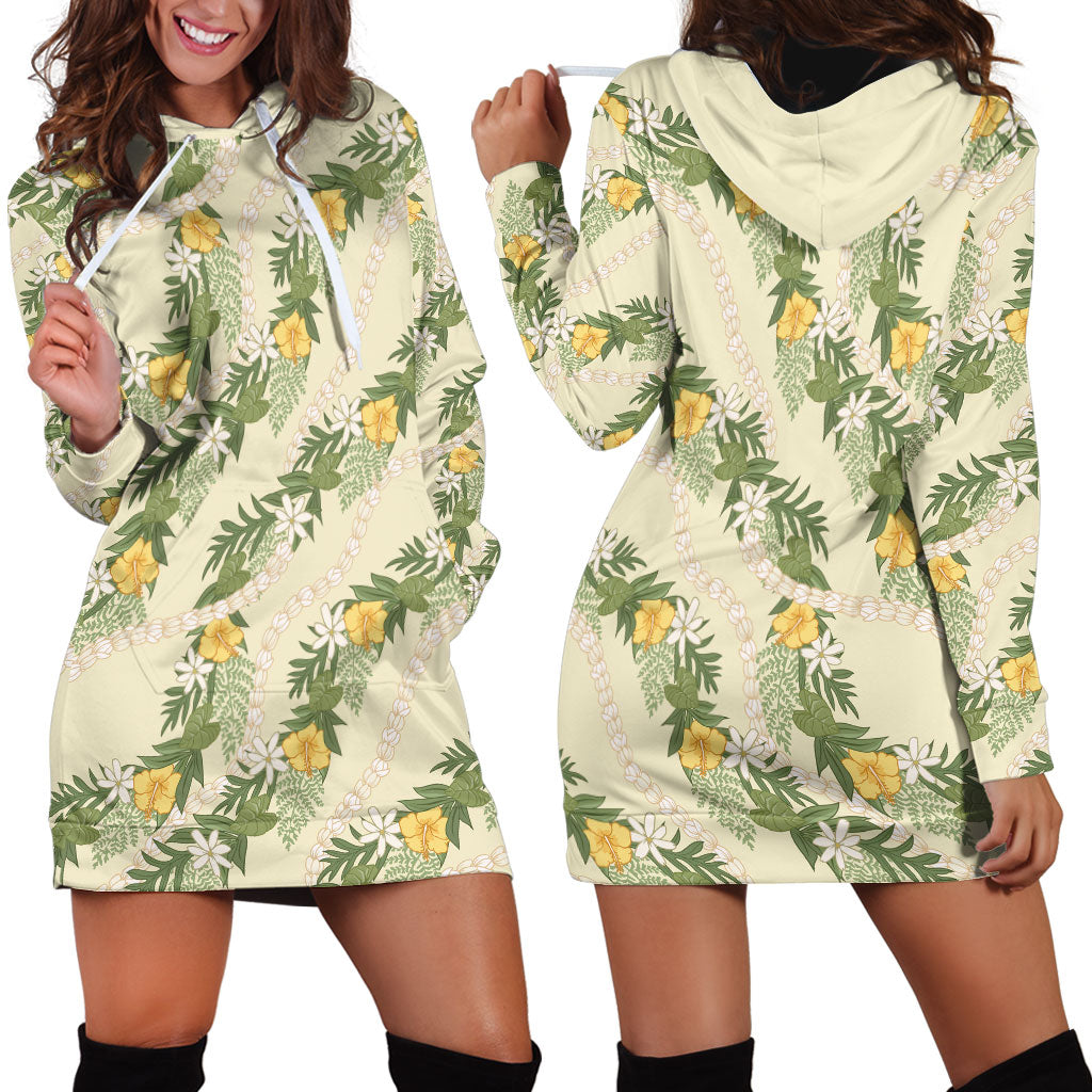 Hawaiian Pikake Maile Lei Hoodie Dress Tiare Hibiscus Kalo Palapalai Leaf Beige LT19 - Polynesian Pride