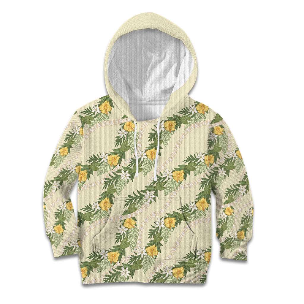 Hawaiian Pikake Maile Lei Kid Hoodie Tiare Hibiscus Kalo Palapalai Leaf Beige