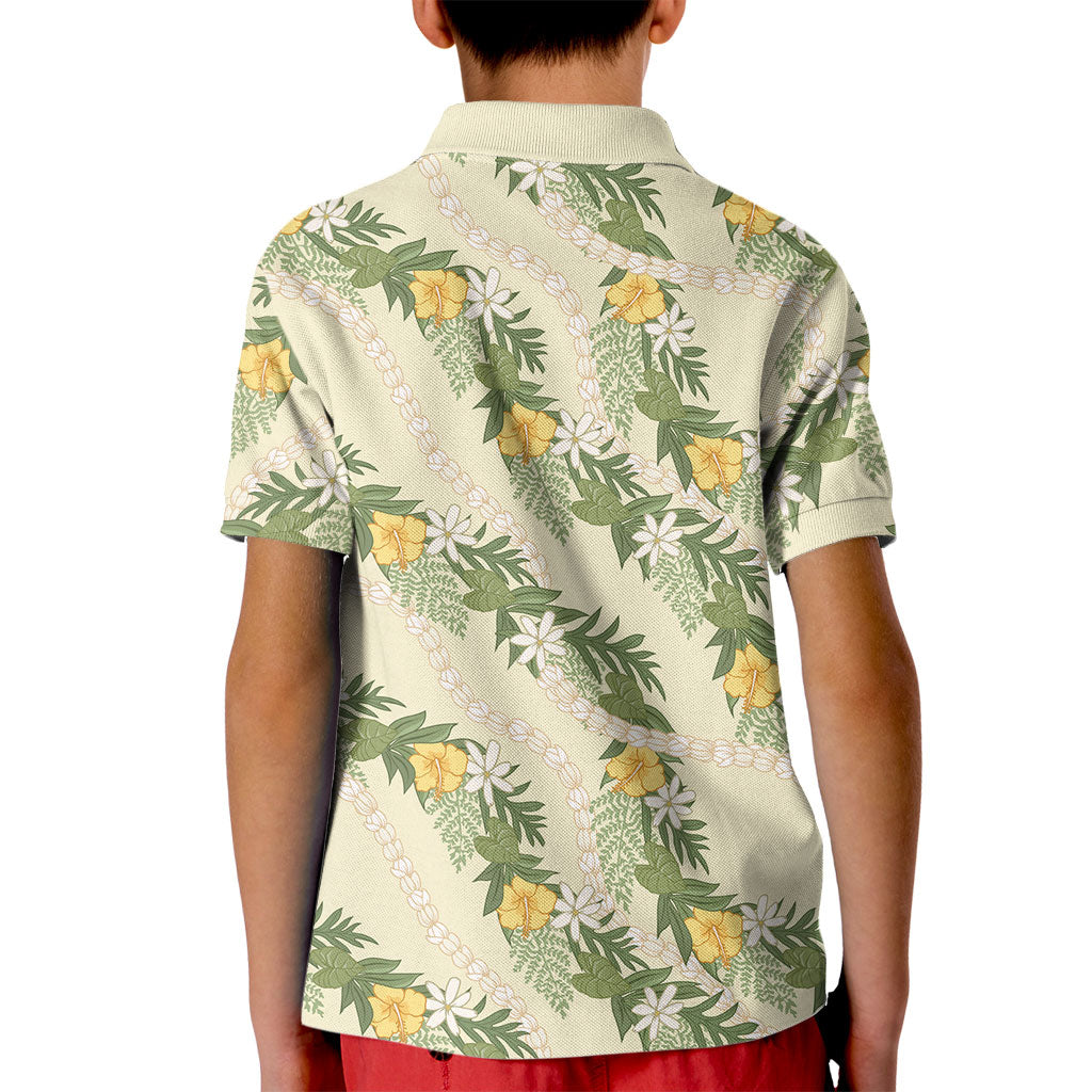 Hawaiian Pikake Maile Lei Kid Polo Shirt Tiare Hibiscus Kalo Palapalai Leaf Beige