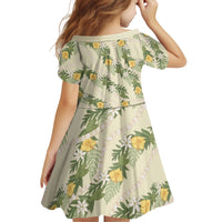 Hawaiian Pikake Maile Lei Kid Short Sleeve Dress Tiare Hibiscus Kalo Palapalai Leaf Beige