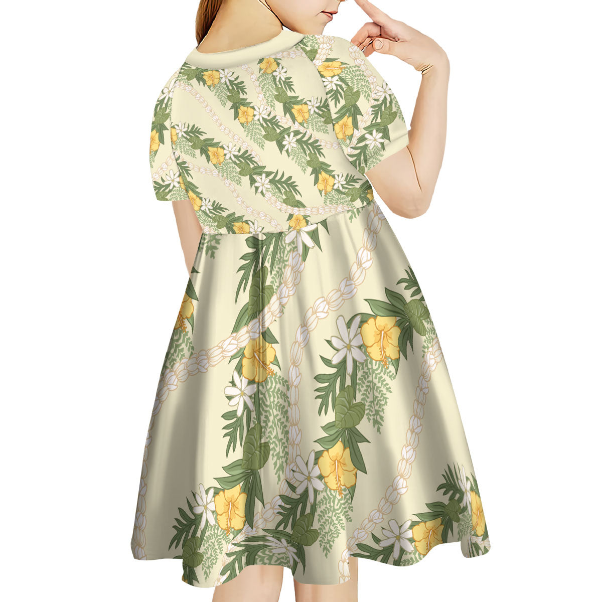 Hawaiian Pikake Maile Lei Kid Short Sleeve Dress Tiare Hibiscus Kalo Palapalai Leaf Beige