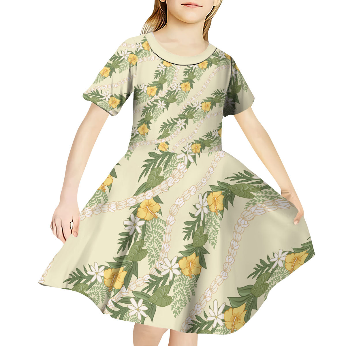 Hawaiian Pikake Maile Lei Kid Short Sleeve Dress Tiare Hibiscus Kalo Palapalai Leaf Beige