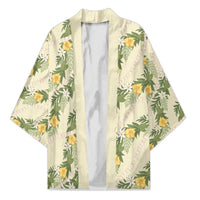 Hawaiian Pikake Maile Lei Kimono Tiare Hibiscus Kalo Palapalai Leaf Beige