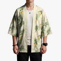 Hawaiian Pikake Maile Lei Kimono Tiare Hibiscus Kalo Palapalai Leaf Beige