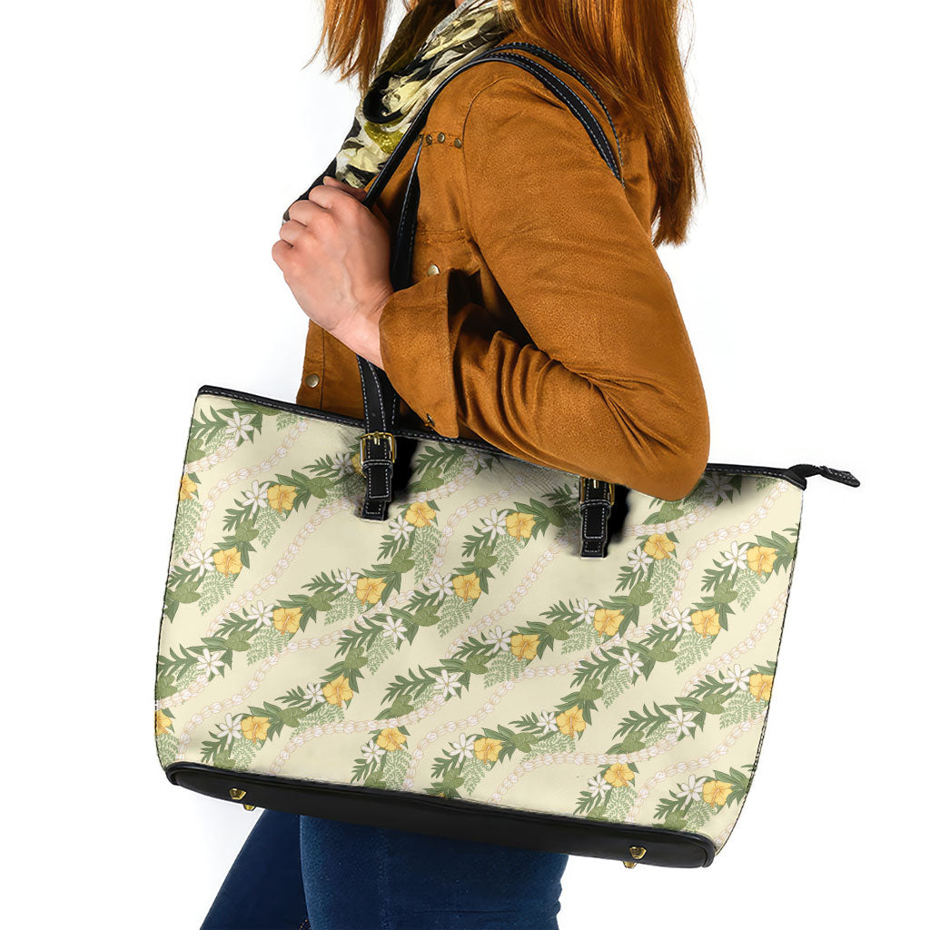 Hawaiian Pikake Maile Lei Leather Tote Bag Tiare Hibiscus Kalo Palapalai Leaf Beige
