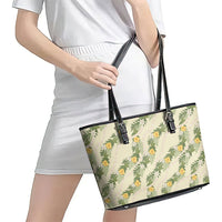 Hawaiian Pikake Maile Lei Leather Tote Bag Tiare Hibiscus Kalo Palapalai Leaf Beige