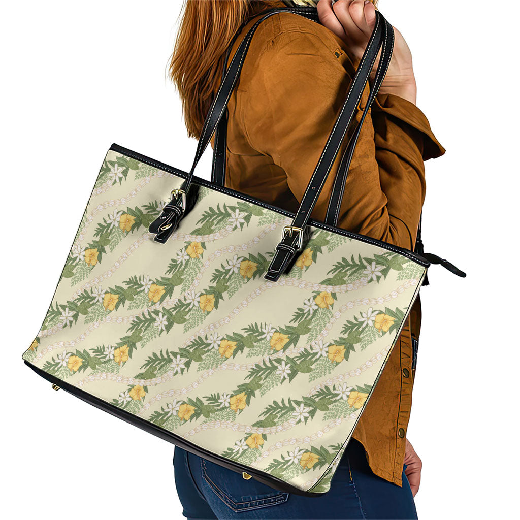 Hawaiian Pikake Maile Lei Leather Tote Bag Tiare Hibiscus Kalo Palapalai Leaf Beige