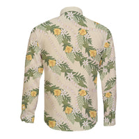 Hawaiian Pikake Maile Lei Long Sleeve Button Shirt Tiare Hibiscus Kalo Palapalai Leaf Beige