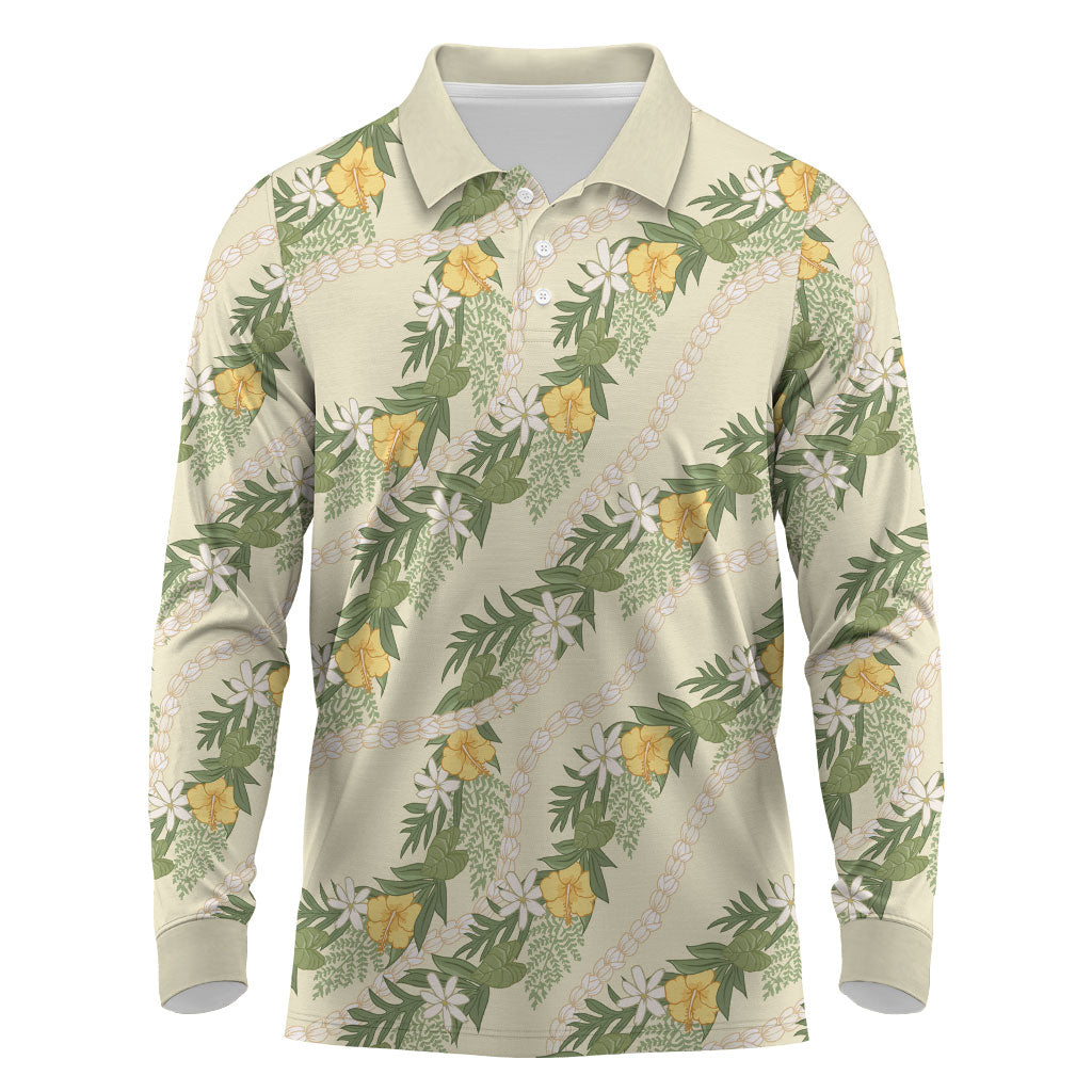 Hawaiian Pikake Maile Lei Long Sleeve Polo Shirt Tiare Hibiscus Kalo Palapalai Leaf Beige LT19 Beige - Polynesian Pride