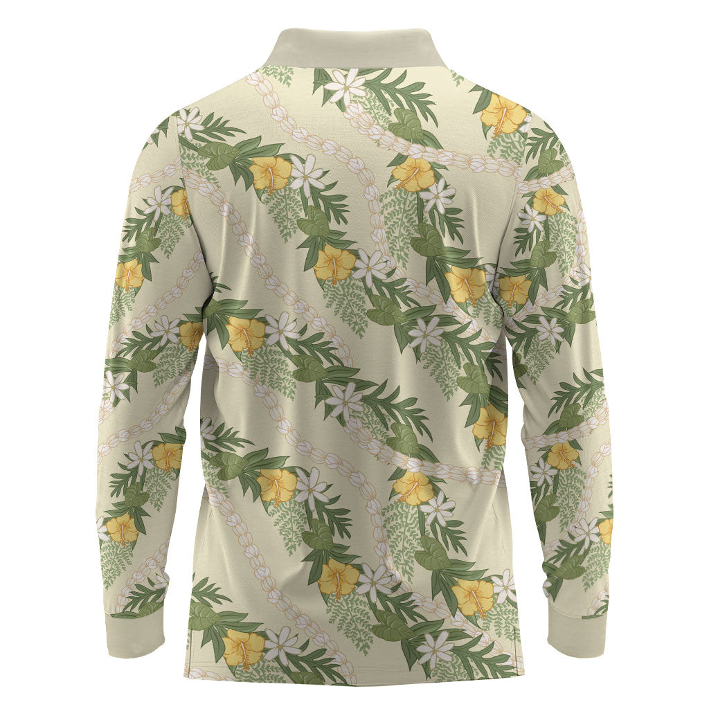 Hawaiian Pikake Maile Lei Long Sleeve Polo Shirt Tiare Hibiscus Kalo Palapalai Leaf Beige LT19 - Polynesian Pride