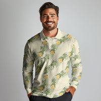 Hawaiian Pikake Maile Lei Long Sleeve Polo Shirt Tiare Hibiscus Kalo Palapalai Leaf Beige LT19 - Polynesian Pride