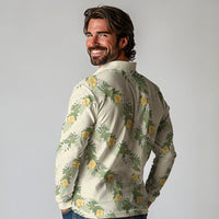 Hawaiian Pikake Maile Lei Long Sleeve Polo Shirt Tiare Hibiscus Kalo Palapalai Leaf Beige LT19 - Polynesian Pride