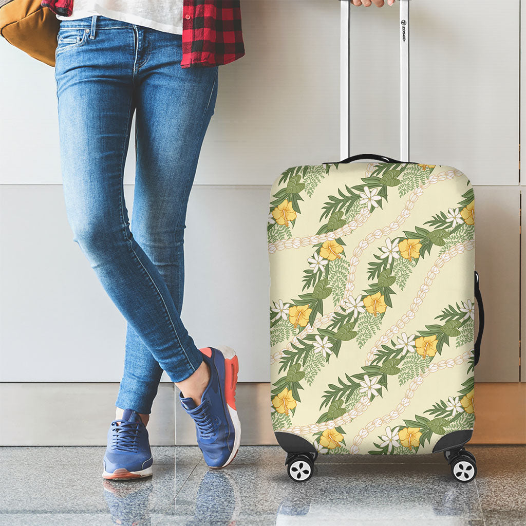 Hawaiian Pikake Maile Lei Luggage Cover Tiare Hibiscus Kalo Palapalai Leaf Beige