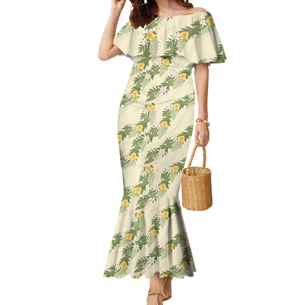 Hawaiian Pikake Maile Lei Mermaid Dress Tiare Hibiscus Kalo Palapalai Leaf Beige