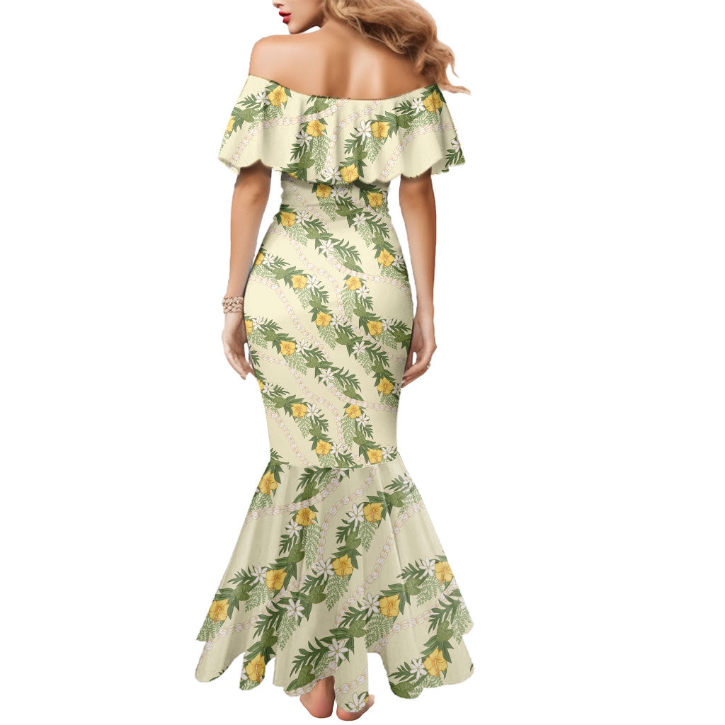 Hawaiian Pikake Maile Lei Mermaid Dress Tiare Hibiscus Kalo Palapalai Leaf Beige