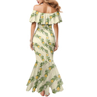 Hawaiian Pikake Maile Lei Mermaid Dress Tiare Hibiscus Kalo Palapalai Leaf Beige