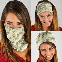 Hawaiian Pikake Maile Lei Neck Gaiter Tiare Hibiscus Kalo Palapalai Leaf Beige