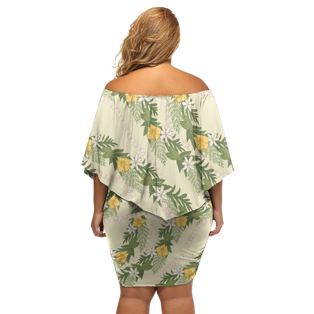 Hawaiian Pikake Maile Lei Off Shoulder Short Dress Tiare Hibiscus Kalo Palapalai Leaf Beige