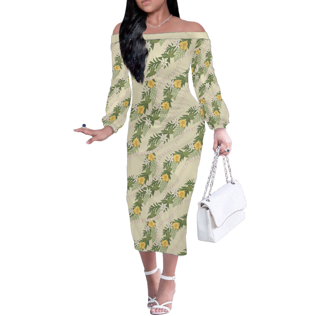 Hawaiian Pikake Maile Lei Off The Shoulder Long Sleeve Dress Tiare Hibiscus Kalo Palapalai Leaf Beige LT19 Women Beige - Polynesian Pride