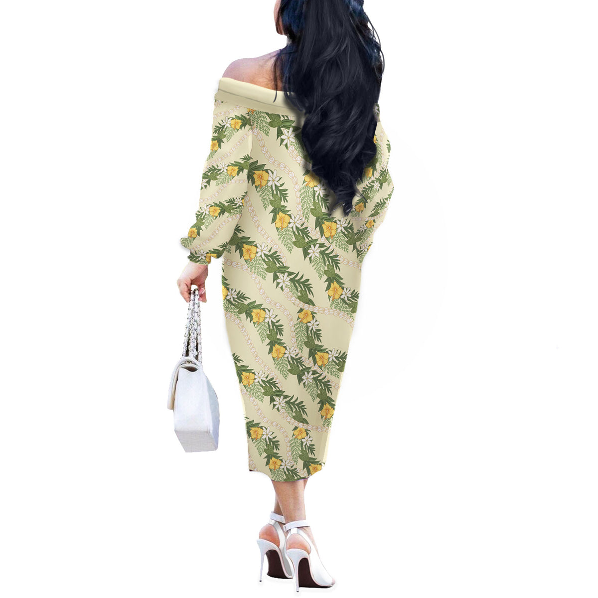 Hawaiian Pikake Maile Lei Off The Shoulder Long Sleeve Dress Tiare Hibiscus Kalo Palapalai Leaf Beige LT19 - Polynesian Pride